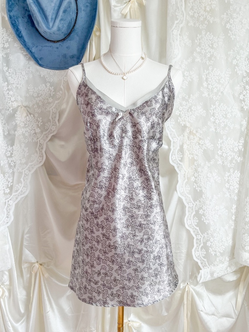 Y2K Gray Grid Floral Slip Dress – Mesh Coquette Mini Nightgown